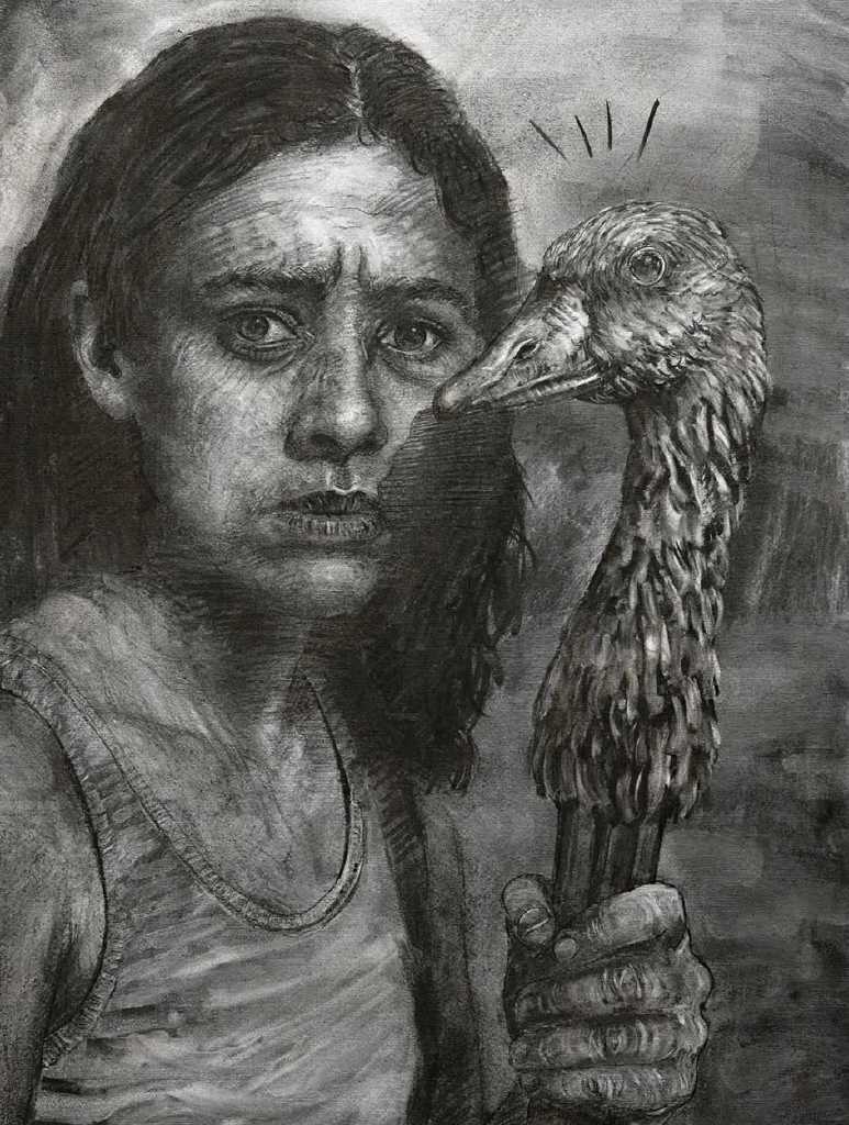 Goose is Loose, charcoal on paper, 50 x 70 cm