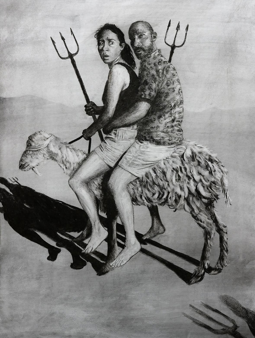The Blind Leading The Blind Leading the Blind Leading the Blind, charcoal on paper, 50 x 70 cm