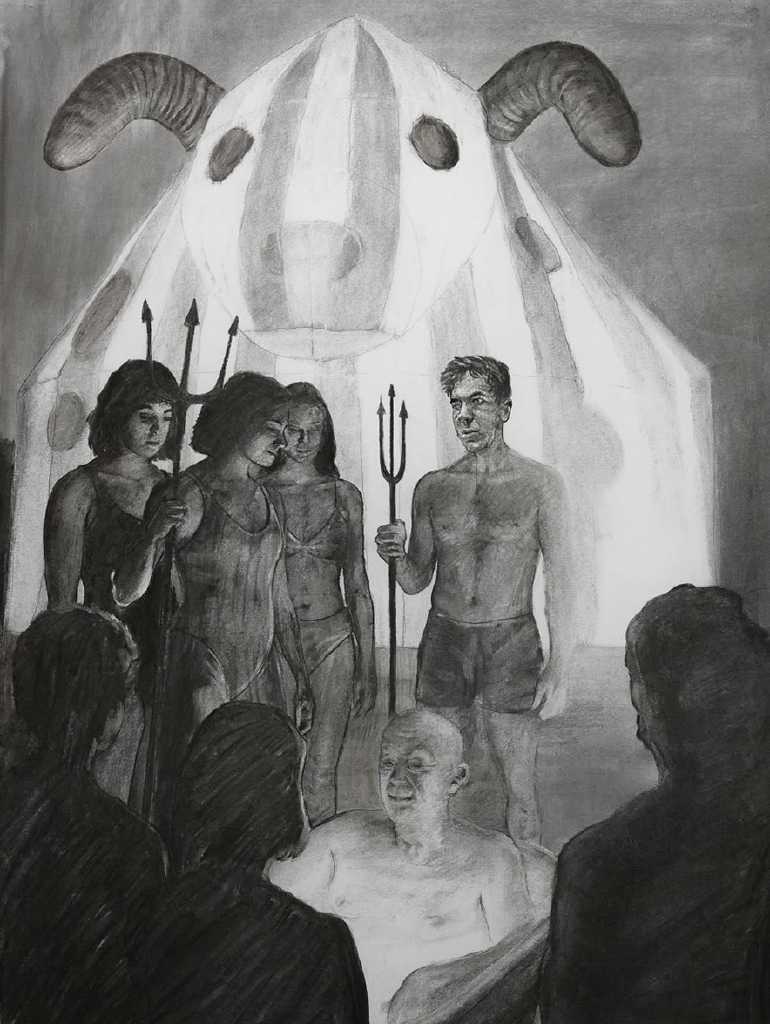 The Elixir for Peter's Messed Up Heart, charcoal on paper, 50 x 70 cm