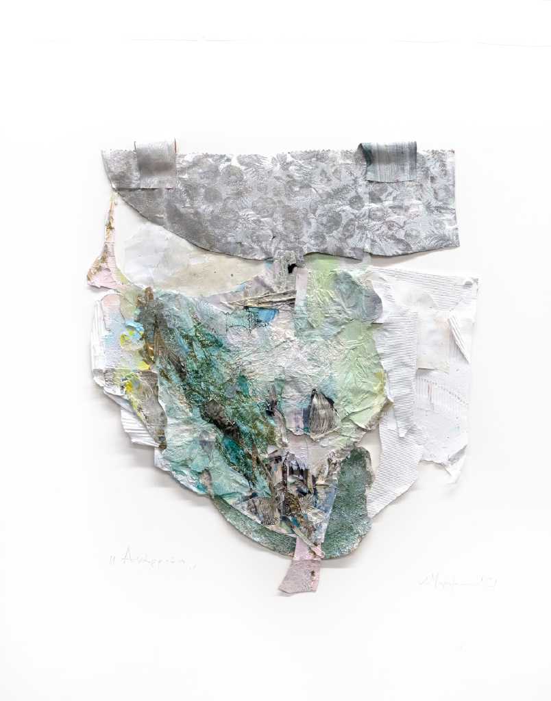 Rise, Acrylics, collage, fabric, photograph on paper, 50 x 65 cm