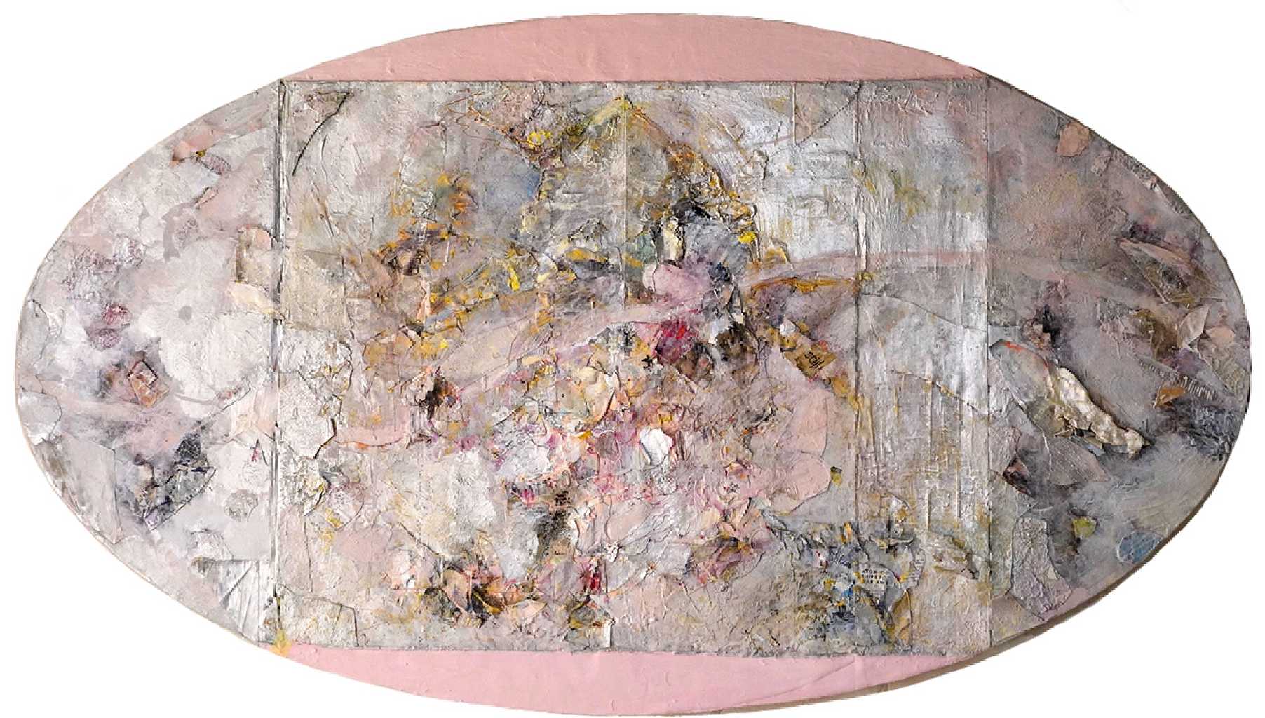 Fragmantology, collage on wood, paper, tissue, 96 x 170 cm, 2024