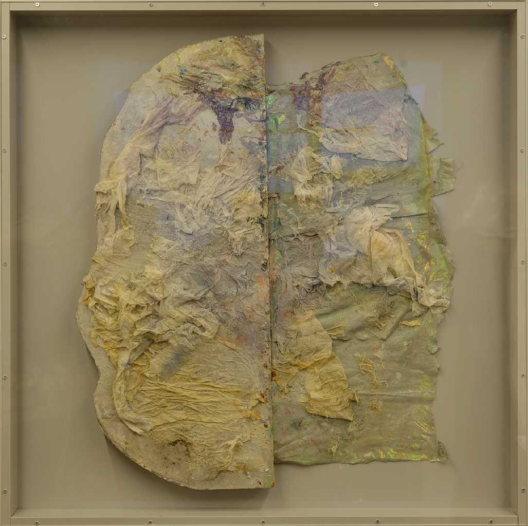 In a vague and primitive way 3, collage, paper on wood, 90 x 90 cm, 2024
