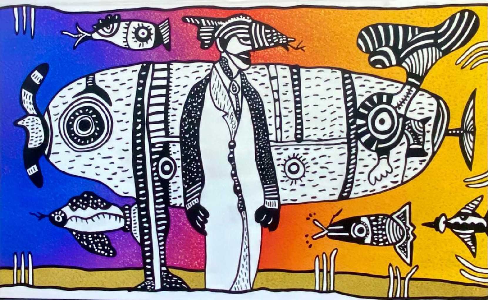 O Μάριος των βυθών, mixed media, acrylics and acrylic markers, 100 × 135 cm