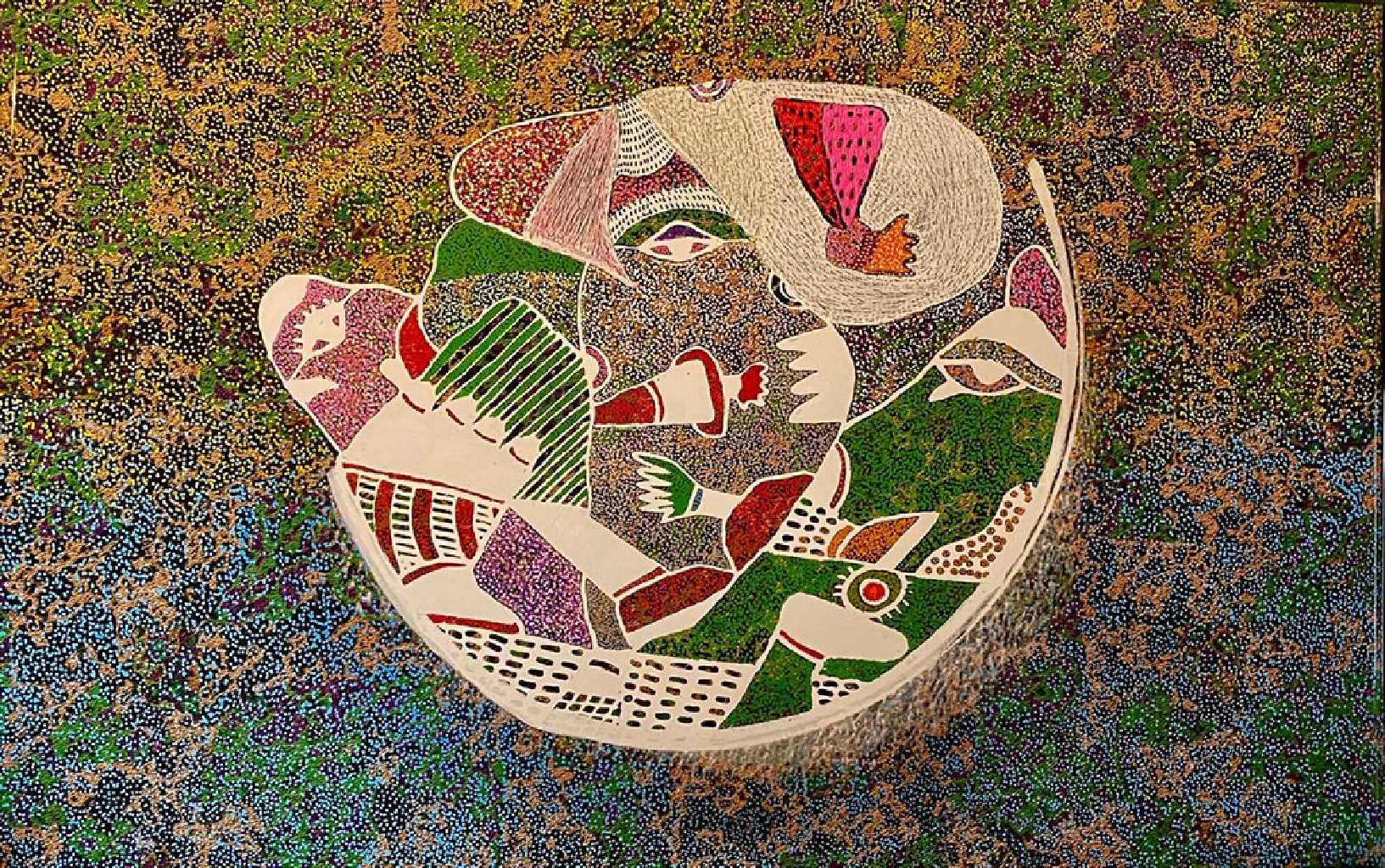 Ιστορίες του Φεγγαριού, mixed media, acrylics and acrylic markers, 100 × 150 cm
