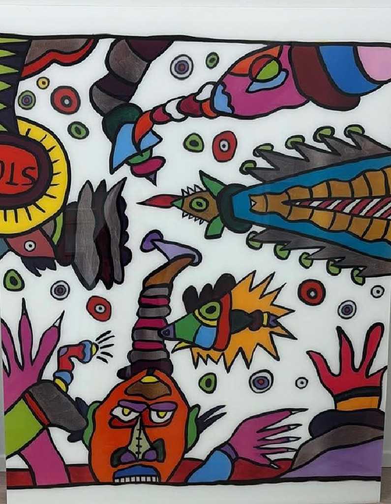 Ο ουρανός κατέβηκε να παίξει, mixed media, acrylics and acrylic markers, 150 × 100 cm