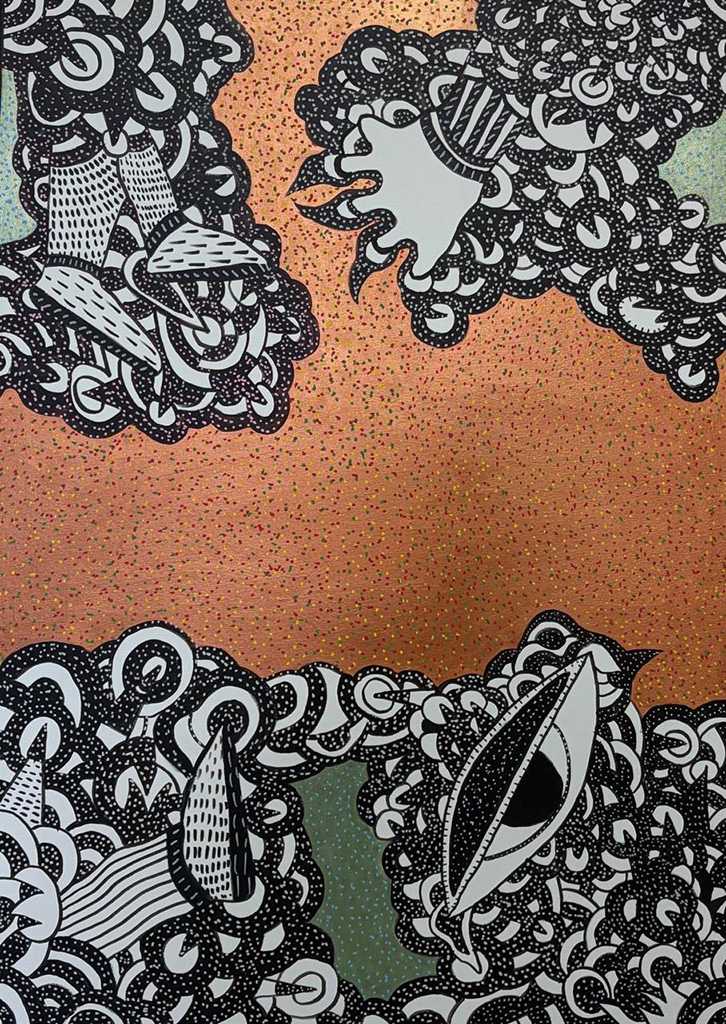 Οι ψίθυροι ανάμεσα στα βλέμματα, mixed media, acrylics and acrylic markers, 100 × 75 cm