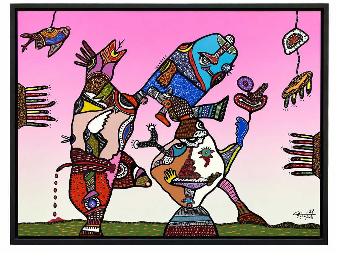 Το ζευγάρι των ανείπωτων ονείρων, mixed media, acrylics and acrylic markers, 100 × 130 cm