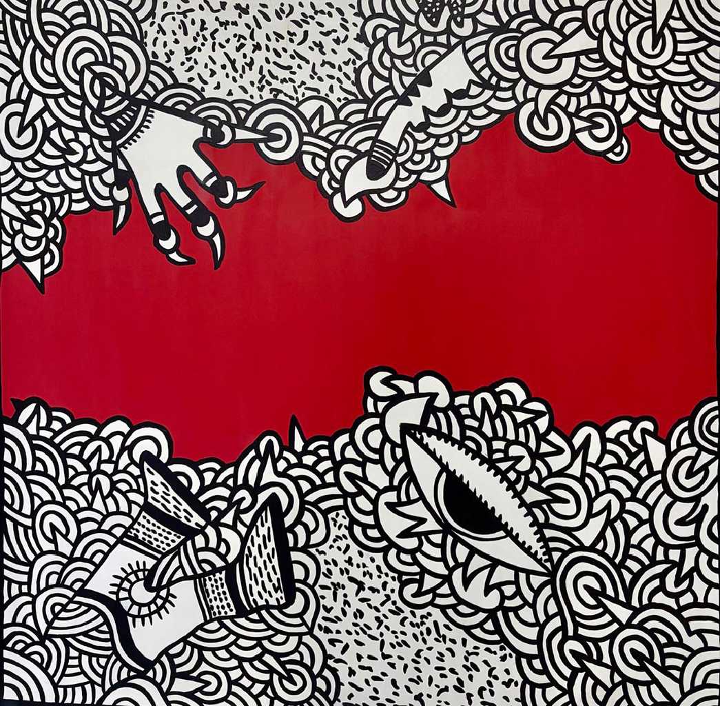 Το κόκκινο ανάμεσα στις σιωπές, mixed media, acrylics and acrylic markers, 100 × 100 cm