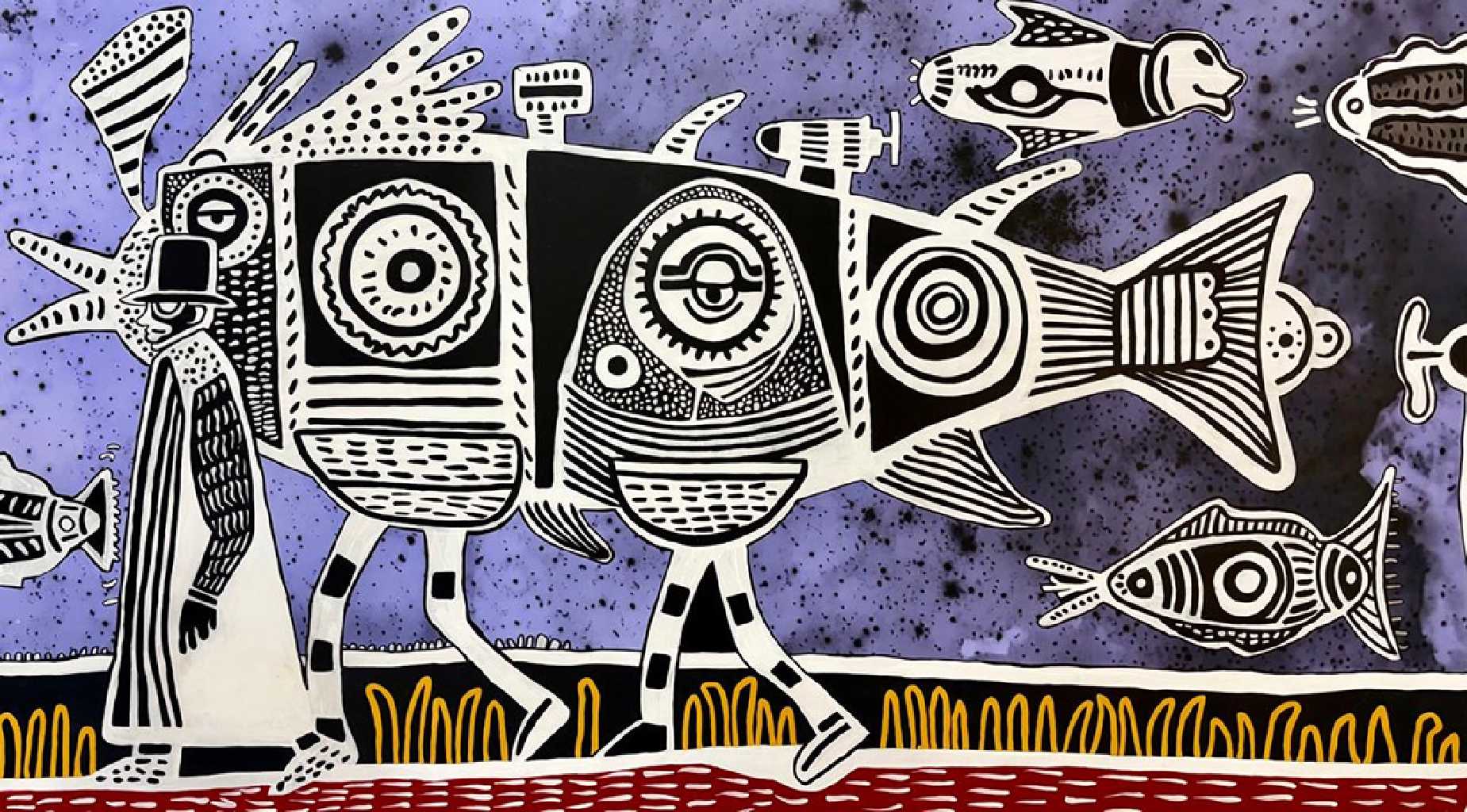 Το Ψάρι που περπατούσε στον βυθό, mixed media, acrylics and acrylic markers, 150 × 220 cm