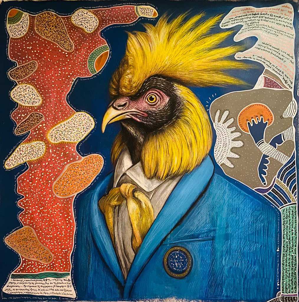 Τραγούδι πριν τον ήλιο, mixed media, acrylics and acrylic markers, 100 × 100 cm