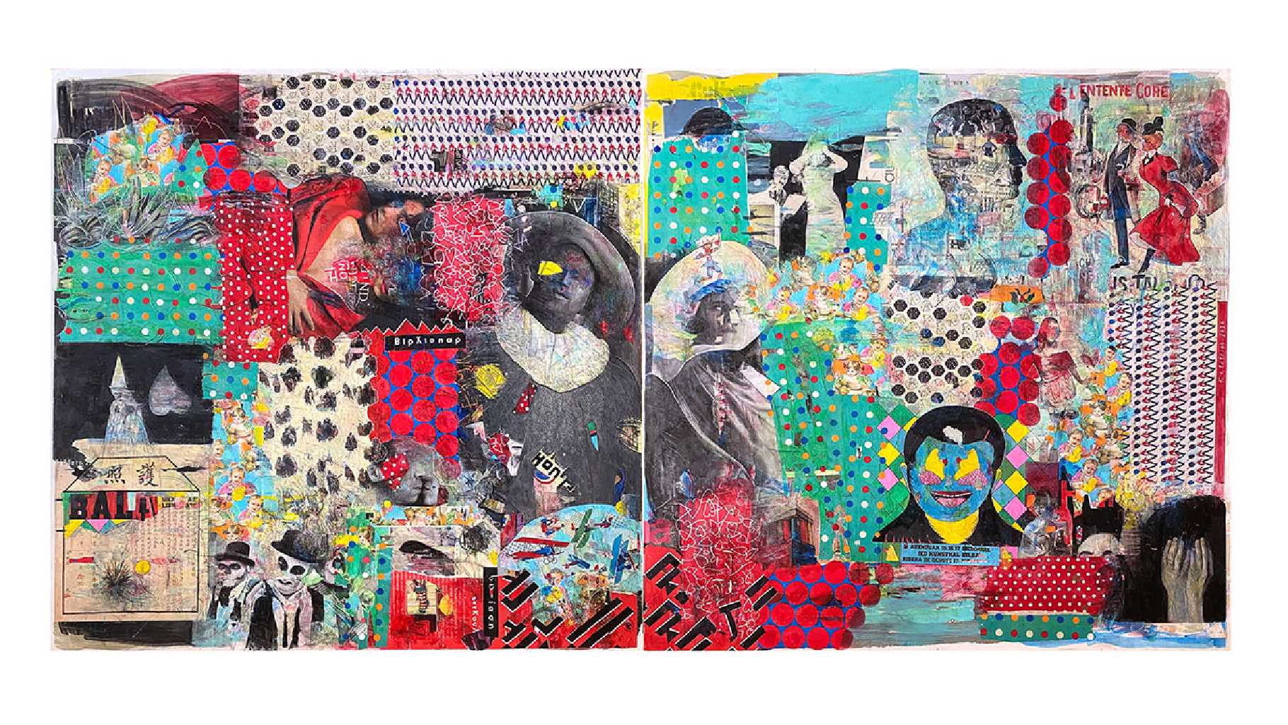 La Nuite des Longues Cuilleres, painting and collage on canvas, 240 × 120 cm, 2025