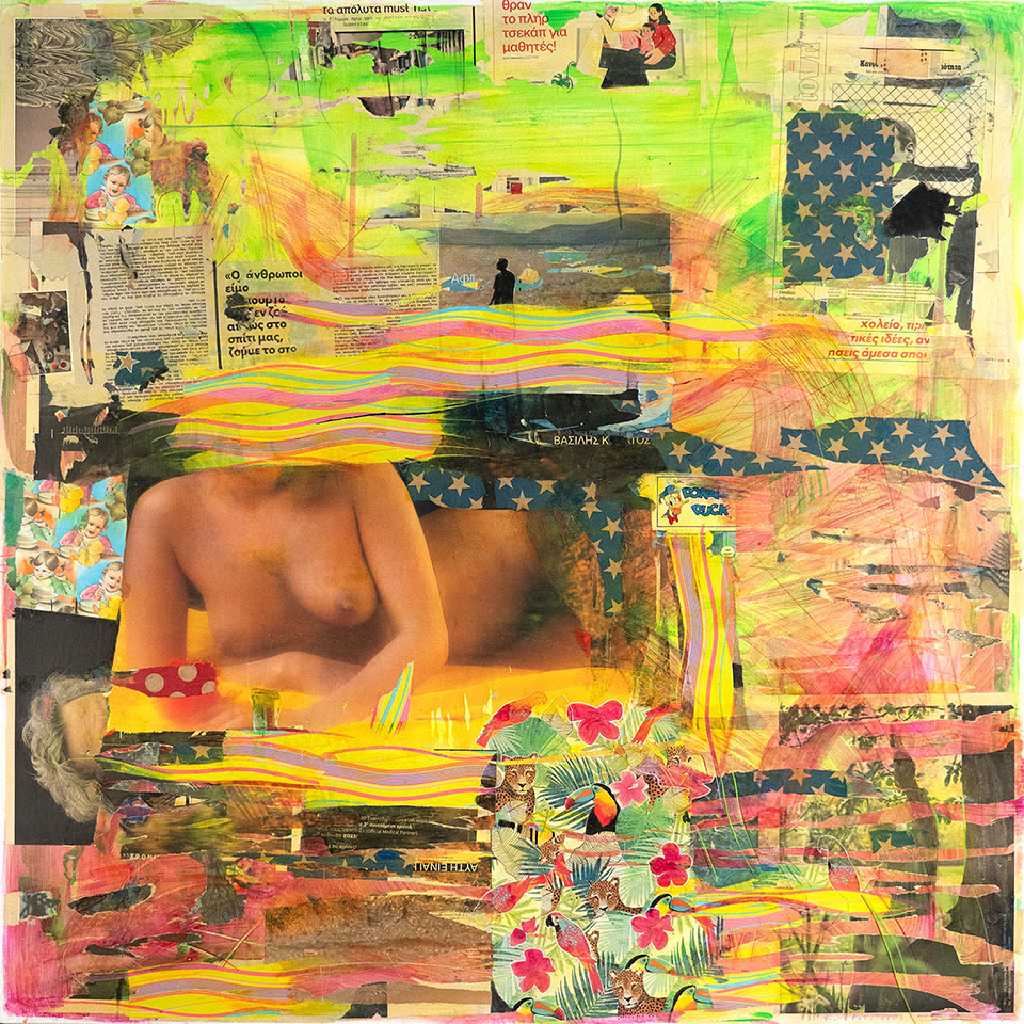 Medusa had a Dream, painting and collage on canvas, 120 × 120 cm, 2023