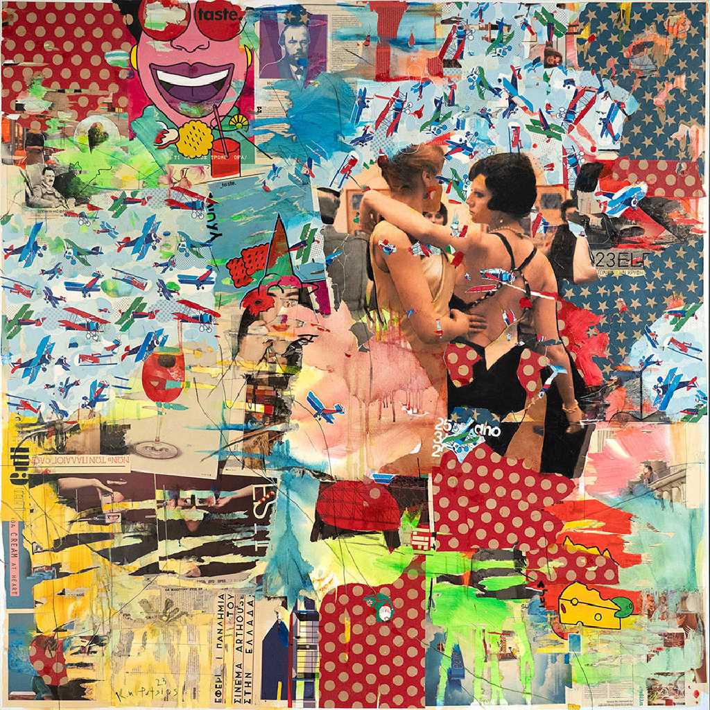 Orpheus and Eurydice, painting and collage on canvas, 150 × 150 cm, 2023