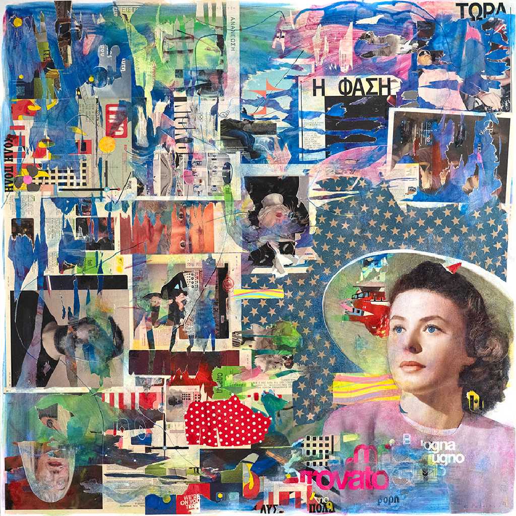 The Princess and the Frog, painting and collage on canvas, 140 × 140 cm, 2024