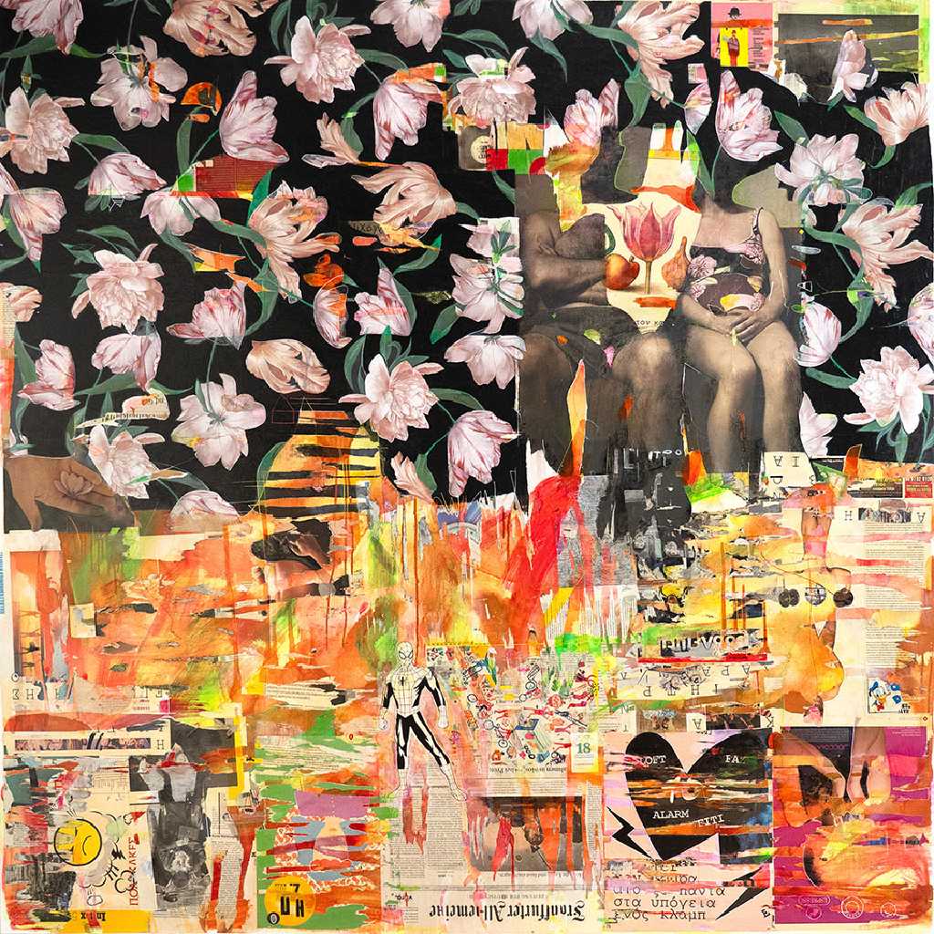 Tristan and Izolde, painting and collage on canvas, 150 × 150 cm, 2023