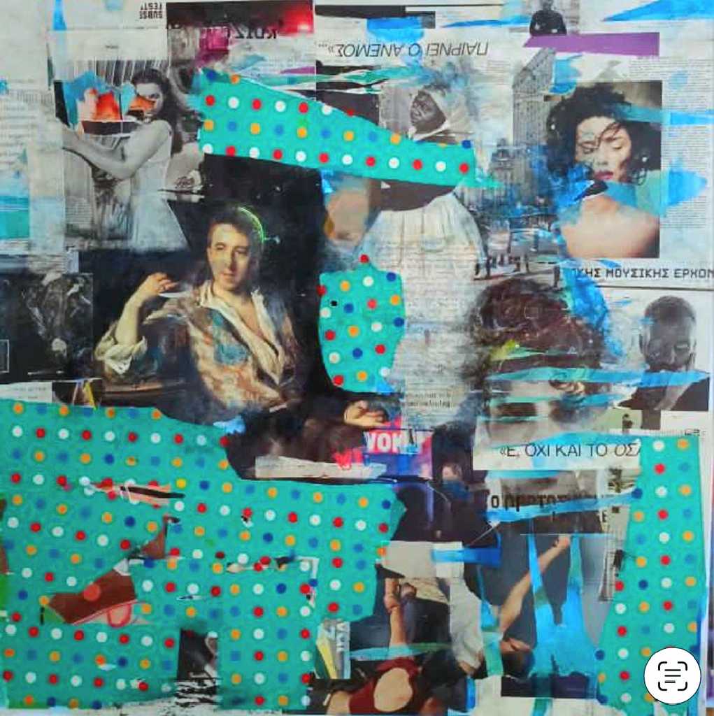 Wild is the wind, painting and collage on canvas, 100 × 100 cm, 2025