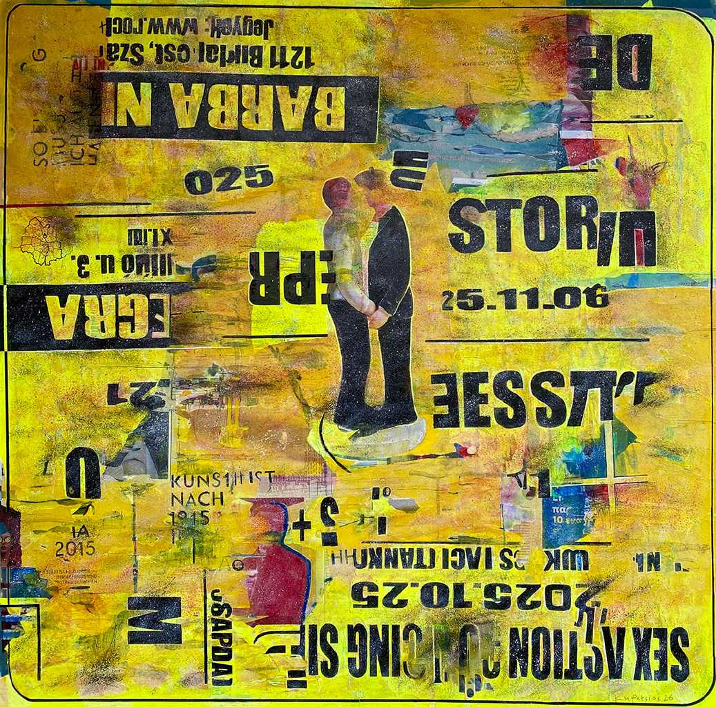 Woke on the Wild Side, painting and collage on canvas, 110 × 110 cm, 2025